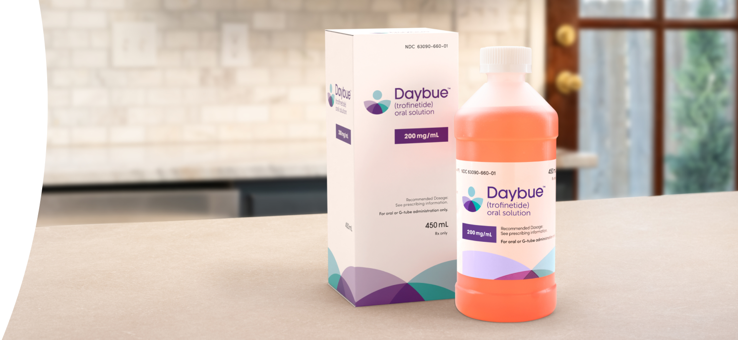 DAYBUE® (trofinetide) oral solution bottle and packaging.