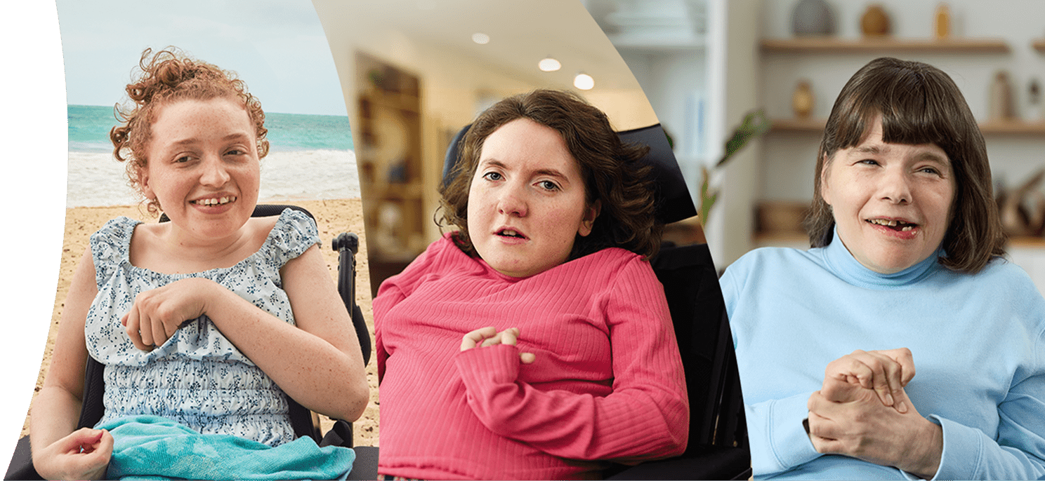 Adult women with Rett syndrome, ages 21, 25, and 54, in a 3-photo collage
