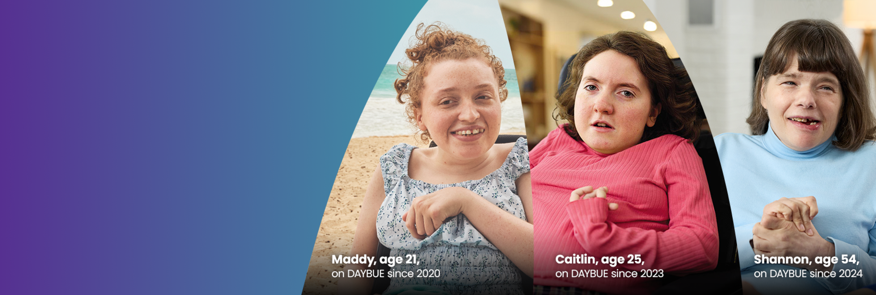 Adult women with Rett syndrome, ages 21, 25, and 54, in a 3-photo collage