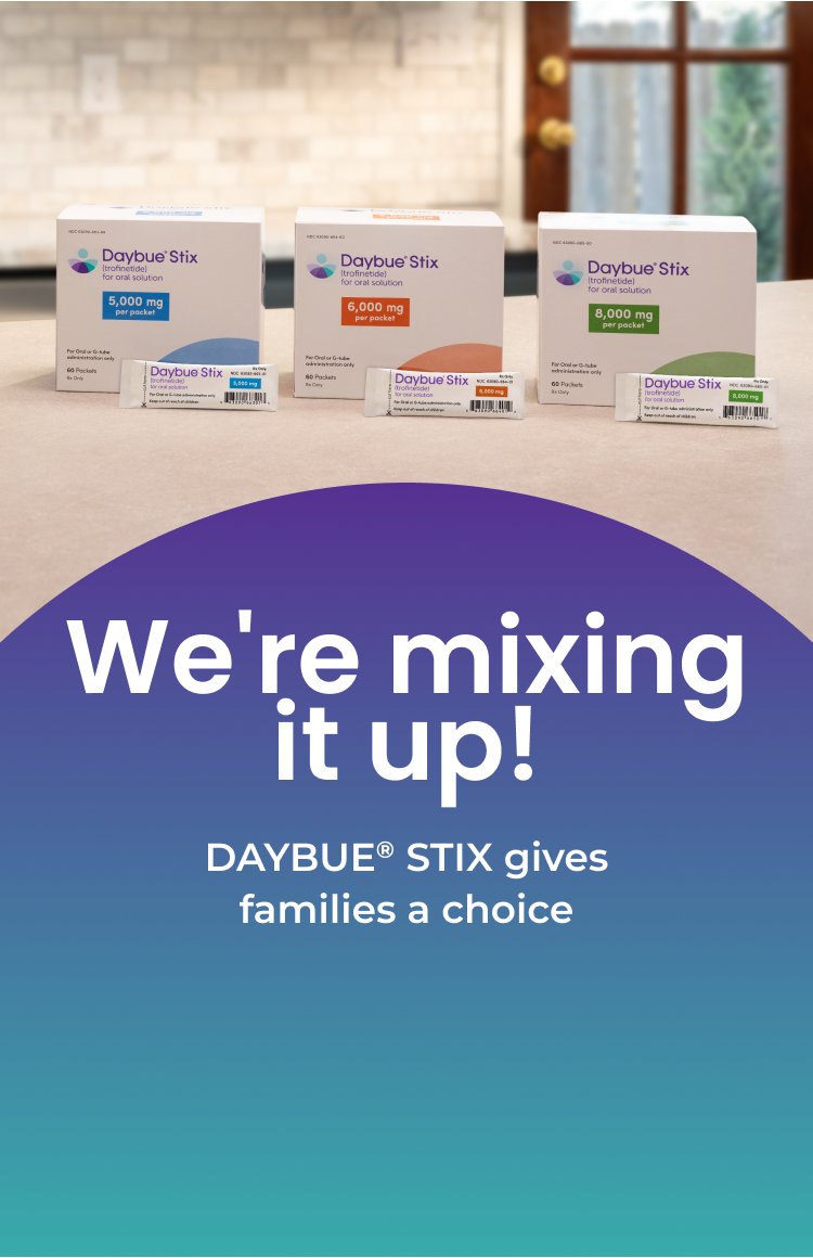 DAYBUE® STIX boxes and packets on kitchen counter, 5,000mg, 6,000mg and 8,000mg strength.