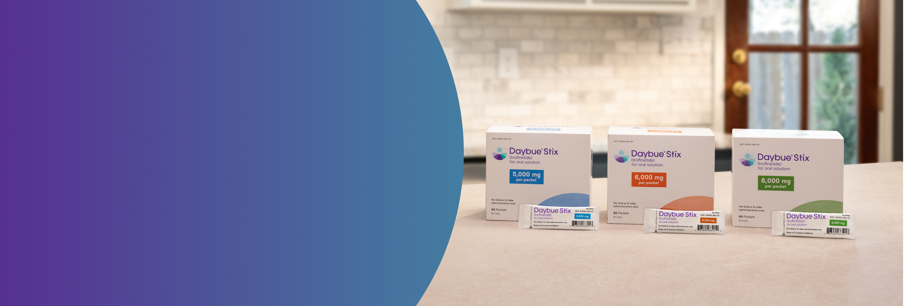 DAYBUE® STIX boxes and packets on kitchen counter, 5,000mg, 6,000mg and 8,000mg strength.