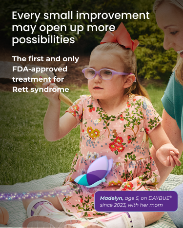 Madelyn, age 5, living with Rett syndrome, with her mom. Graphic butterfly moves toward Madelyn.